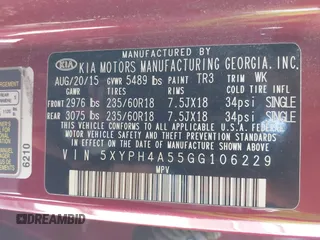 2016 Kia Sorento EX with VIN 5XYPH4A55GG106229, listed as a IAAI auction lot 39157669 with 94,502 mi miles. Bid and sale history available at carsss.com. Image 9.