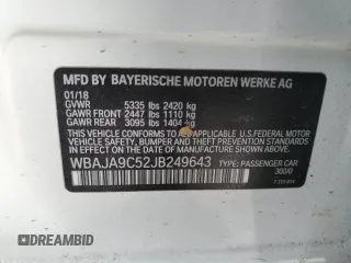 2018 BMW 5 Series 530e with VIN WBAJA9C52JB249643, listed as a Copart auction lot 43581825 with 91,561 mi miles and Salvage title. Bid and sale history available at DreamBid. Image 14.