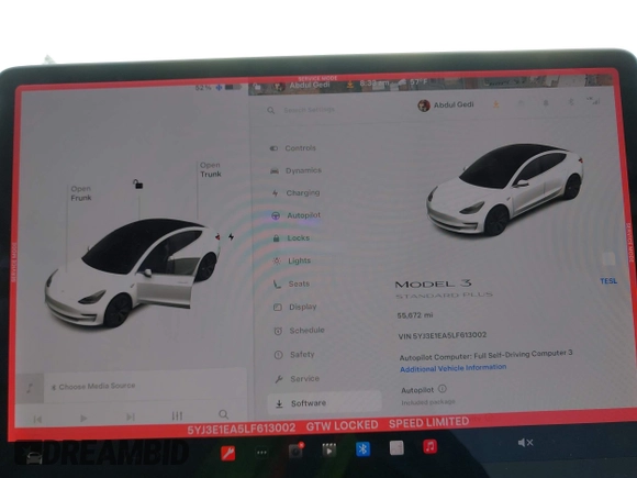 2020 Tesla Model 3 Standard Range Plus with VIN 5YJ3E1EA5LF613002, listed as a IAAI auction lot 42129085 with 55,672 mi miles. Bid and sale history available at carsss.com. Image 7.