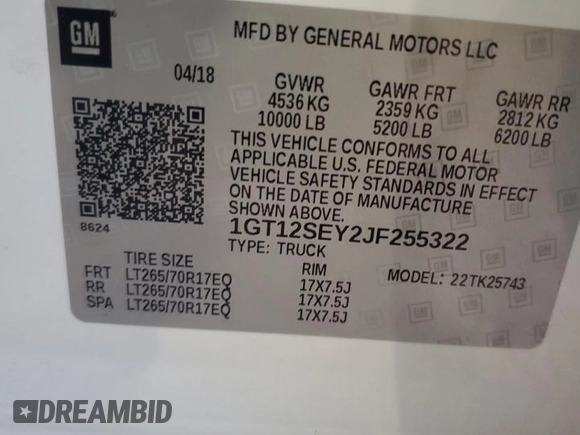 2018 GMC Sierra 2500HD Denali with VIN 1GT12SEY2JF255322, listed as a Copart auction lot 84299244 with 120,489 mi miles and Salvage Title. Bid and sale history available at carsss.com. Image 12.