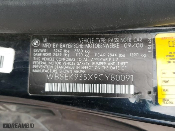 2009 BMW 6 Series M6 with VIN WBSEK935X9CY80091, listed as a Copart auction lot 43348935 with 128,438 mi miles and Clean Title. Bid and sale history available at carsss.com. Image 13.