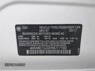 2017 BMW 3 Series 320i with VIN WBA8E1G33HNU17182, listed as a IAAI auction lot 41906604 with 59,166 mi miles. Bid and sale history available at carsss.com. Image 9.
