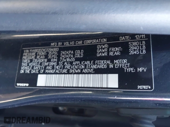 2012 Volvo XC60 3.0L with VIN YV4902DZXC2294993, listed as a IAAI auction lot 41428807 with 214,970 mi miles and . Bid and sale history available at DreamBid. Image 9.