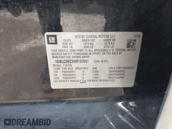2017 Chevrolet Tahoe Commercial with VIN 1GNLCDEC2HR187691, listed as a IAAI auction lot 42280973 with 87,772 mi miles and . Bid and sale history available at DreamBid. Image 9.