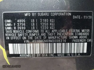 2021 Subaru Legacy Limited XT with VIN 4S3BWGN68M3008316, listed as a IAAI auction lot 41611404 with 52,648 mi miles. Bid and sale history available at carsss.com. Image 9.