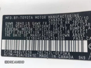 2010 Toyota Corolla with VIN 2T1BU4EE8AC401098, listed as a IAAI auction lot 42357249 with 199,282 mi miles and . Bid and sale history available at DreamBid. Image 9.