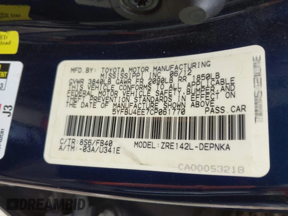 2012 Toyota Corolla L with VIN 5YFBU4EE7CP061770, listed as a IAAI auction lot 41922205 with 154,615 mi miles. Bid and sale history available at carsss.com. Image 9.