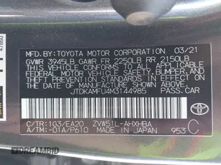 2021 Toyota Prius L Eco with VIN JTDKAMFU4M3144985, listed as a IAAI auction lot 42443957 with 20,816 mi miles and . Bid and sale history available at DreamBid. Image 9.