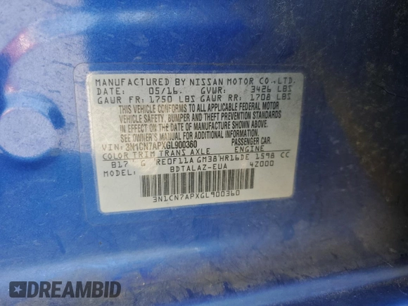 2016 Nissan Versa S Plus with VIN 3N1CN7APXGL900360, listed as a Copart auction lot 50884845 with 189,807 mi miles and Salvage Title. Bid and sale history available at carsss.com. Image 13.