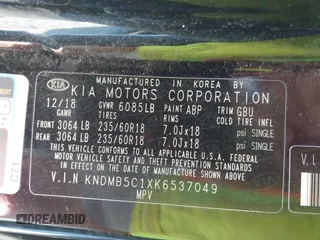 2019 Kia Sedona LX with VIN KNDMB5C1XK6537049, listed as a IAAI auction lot 41777727 with 86,987 mi miles. Bid and sale history available at carsss.com. Image 9.