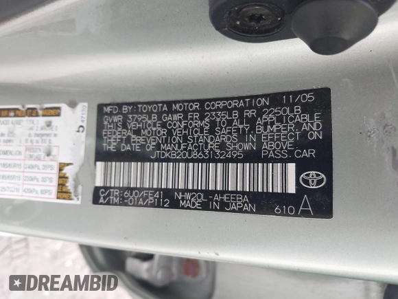 2006 Toyota Prius with VIN JTDKB20U863132495, listed as a IAAI auction lot 41671313 with Not Provided miles. Bid and sale history available at carsss.com. Image 9.