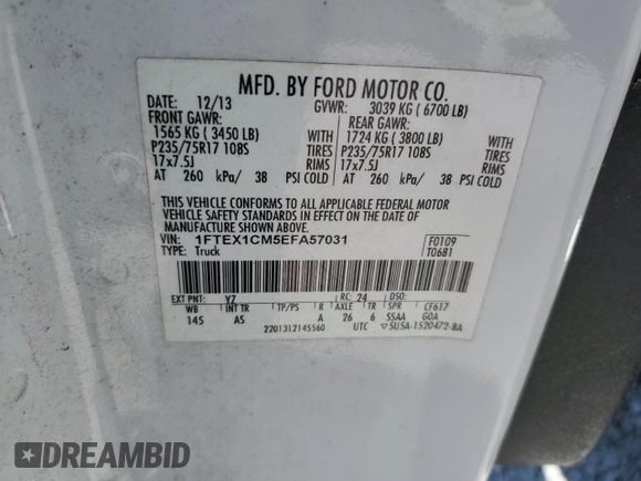 2014 Ford F-150 XL with VIN 1FTEX1CM5EFA57031, listed as a Copart auction lot 57641975 with 280,074 mi miles and Salvage title. Bid and sale history available at DreamBid. Image 13.