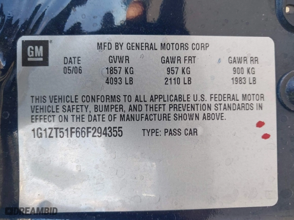 2006 Chevrolet Malibu LT w/0LT with VIN 1G1ZT51F66F294355, listed as a IAAI auction lot 41756746 with 1 mi miles. Bid and sale history available at carsss.com. Image 9.