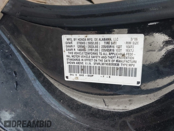 2006 Honda Odyssey EX-L with VIN 5FNRL387X6B080838, listed as a IAAI auction lot 42153641 with 255,438 mi miles and . Bid and sale history available at DreamBid. Image 9.