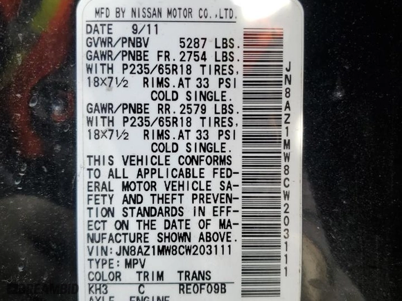 2012 Nissan Murano SL with VIN JN8AZ1MW8CW203111, listed as a Copart auction lot 49983495 with 0 mi miles and Salvage Title. Bid and sale history available at carsss.com. Image 13.