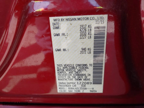 2016 Nissan Altima 2.5 SL with VIN 1N4AL3AP4GC122089, listed as a IAAI auction lot 41965851 with 121,608 mi miles. Bid and sale history available at carsss.com. Image 9.