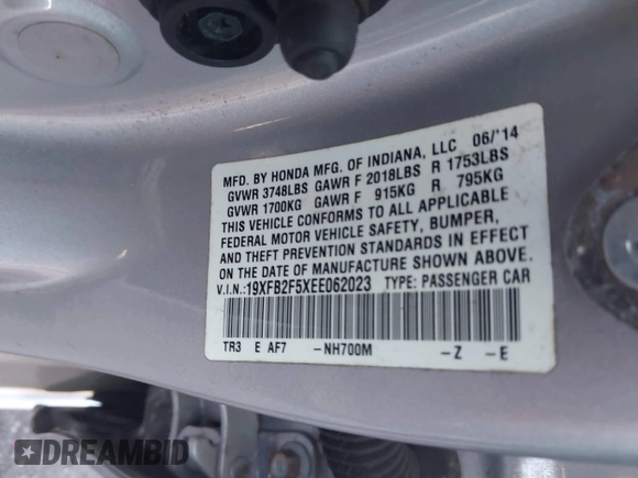 2014 Honda Civic Sedan LX with VIN 19XFB2F5XEE062023, listed as a IAAI auction lot 41956042 with 60,095 mi miles. Bid and sale history available at carsss.com. Image 9.