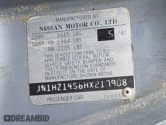 1987 Nissan 300ZX z VIN JN1HZ14S6HX217908, wystawiony jako IAAI lot #42271417 z przebiegiem 195 466 mil mil oraz . Historia ofert i sprzedaży dostępna na DreamBid. Obrazek 9.