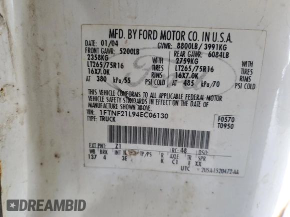 2004 Ford F-250 XL с VIN 1FTNF21L94EC06130, выставлен на аукционе Copart как лот 46876595 с пробегом 291 066 миль миль и На запчасти • Non repairable. История ставок и продаж доступна на DreamBid. Изображение 12.
