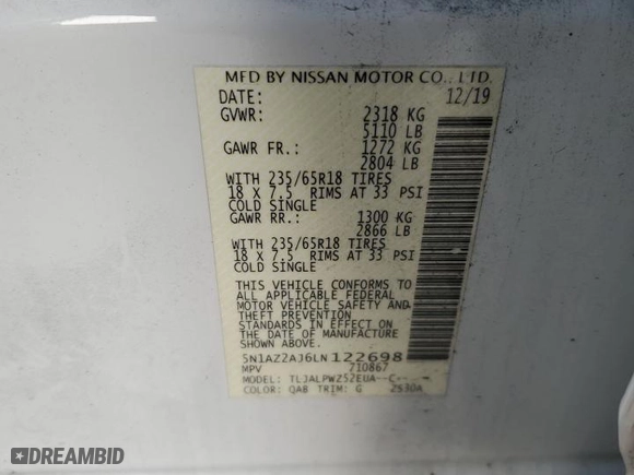 2020 Nissan Murano S with VIN 5N1AZ2AJ6LN122698, listed as a Copart auction lot 88970305 with 101,603 mi miles and Salvage Title. Bid and sale history available at carsss.com. Image 13.