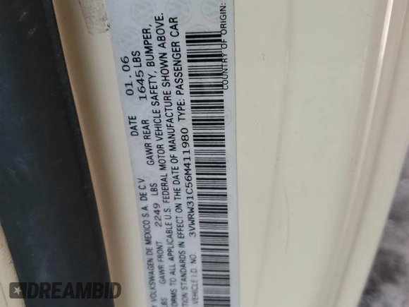 2006 Volkswagen Beetle с VIN 3VWRW31C56M411980, выставлен на аукционе Copart как лот 51866035 с пробегом 167 541 миль миль и Списание • Salvage title. История ставок и продаж доступна на DreamBid. Изображение 14.
