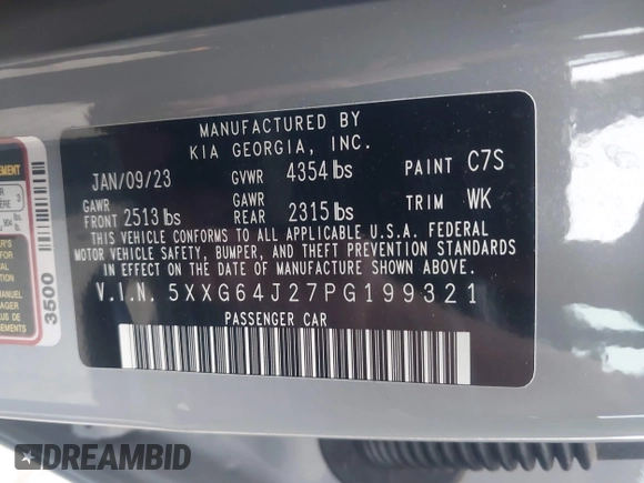 2023 Kia K5 GT-Line z VIN 5XXG64J27PG199321, wystawiony jako IAAI lot #42153677 z przebiegiem 28 798 mil mil oraz . Historia ofert i sprzedaży dostępna na DreamBid. Obrazek 9.