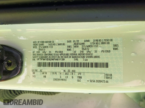 2022 Ford F-150 XL with VIN 1FTFW1E82NFA61139, listed as a IAAI auction lot 41944701 with Not provided miles and . Bid and sale history available at DreamBid. Image 9.