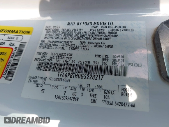 2016 Ford Mustang EcoBoost with VIN 1FA6P8TH0G5228217, listed as a IAAI auction lot 41806265 with 111,061 mi miles. Bid and sale history available at carsss.com. Image 9.