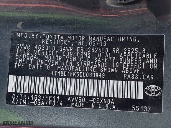 2013 Toyota Camry Hybrid LE with VIN 4T1BD1FK5DU083849, listed as a IAAI auction lot 40916318 with 204,058 mi miles. Bid and sale history available at carsss.com. Image 9.