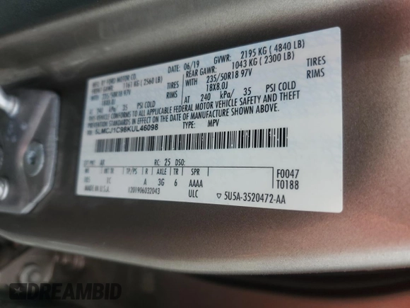 2019 Lincoln MKC Standard z VIN 5LMCJ1C98KUL46098, wystawiony jako Copart lot #51585555 z przebiegiem 54 340 mil mil oraz Nie do naprawy • Non repairable. Historia ofert i sprzedaży dostępna na DreamBid. Obrazek 13.