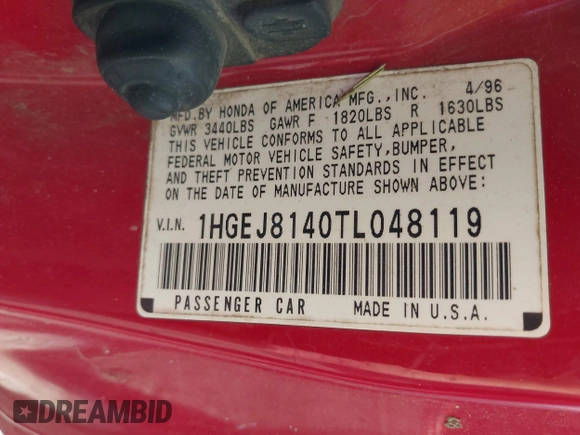 1996 Honda Civic EX with VIN 1HGEJ8140TL048119, listed as a IAAI auction lot 42535474 with 288,434 mi miles and . Bid and sale history available at DreamBid. Image 9.