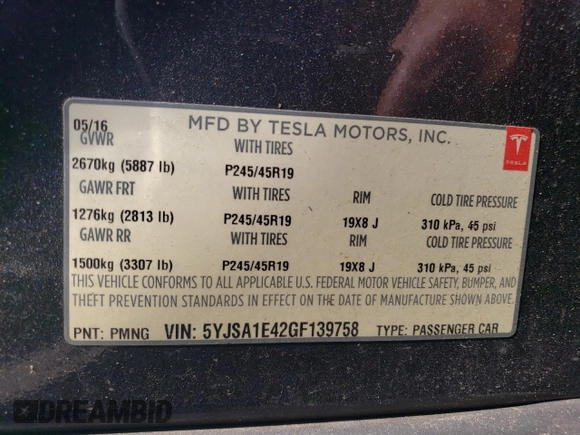 2016 Tesla Model S 90D with VIN 5YJSA1E42GF139758, listed as a Copart auction lot 63077255 with 78,235 mi miles and Salvage title. Bid and sale history available at DreamBid. Image 12.