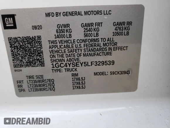 2020 Chevrolet Silverado 3500HD Work Truck with VIN 1GC4YSEY5LF329539, listed as a Copart auction lot 38278574 with 0 mi miles and Salvage Title. Bid and sale history available at carsss.com. Image 12.