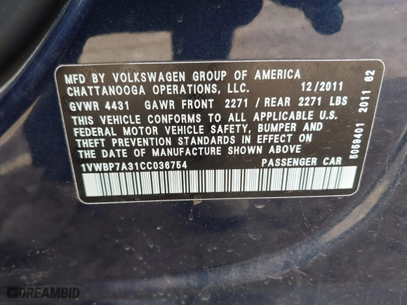 2012 Volkswagen Passat SE with VIN 1VWBP7A31CC036754, listed as a IAAI auction lot 41720013 with 130,139 mi miles. Bid and sale history available at carsss.com. Image 9.