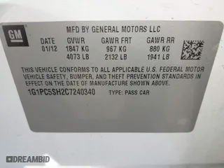 2012 Chevrolet Cruze LS with VIN 1G1PC5SH2C7240340, listed as a IAAI auction lot 42069654 with 122,410 mi miles. Bid and sale history available at carsss.com. Image 9.