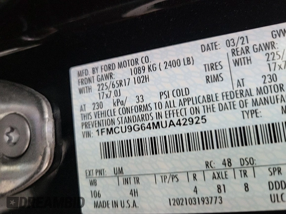 2021 Ford Escape SE with VIN 1FMCU9G64MUA42925, listed as a IAAI auction lot 42858756 with 79,685 mi miles and . Bid and sale history available at DreamBid. Image 2.