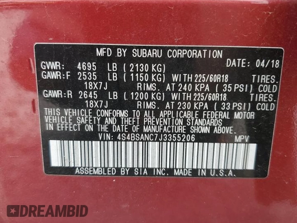2018 Subaru Outback Limited with VIN 4S4BSANC7J3355206, listed as a Copart auction lot 59506185 with 94,592 mi miles and Salvage title. Bid and sale history available at DreamBid. Image 13.