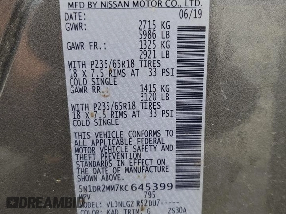2019 Nissan Pathfinder S with VIN 5N1DR2MM7KC645399, listed as a Copart auction lot 60463925 with 115,053 mi miles and Salvage title. Bid and sale history available at DreamBid. Image 13.