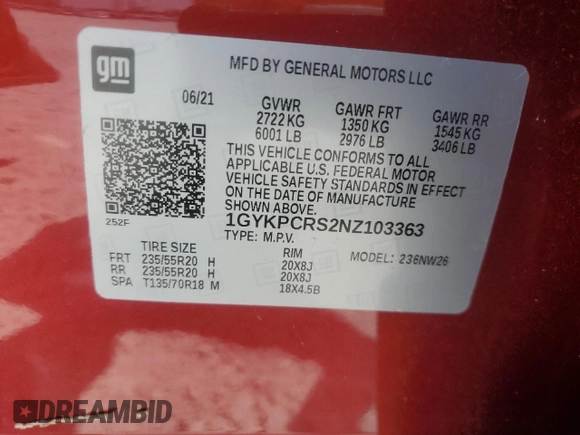 2022 Cadillac XT6 Premium Luxury with VIN 1GYKPCRS2NZ103363, listed as a Copart auction lot 66564404 with 25,114 mi miles and Salvage Title. Bid and sale history available at carsss.com. Image 13.