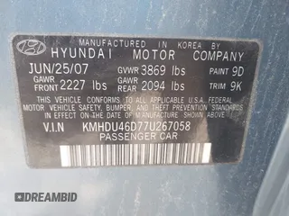 2007 Hyundai Elantra GLS with VIN KMHDU46D77U267058, listed as a IAAI auction lot 42636361 with 134,737 mi miles and . Bid and sale history available at DreamBid. Image 9.