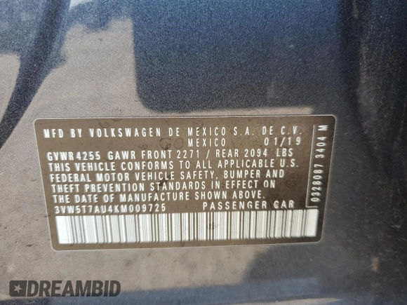 2019 Volkswagen GTI S с VIN 3VW5T7AU4KM009725, выставлен на аукционе Copart как лот 53917915 с пробегом 43 961 миль миль и Списание • Salvage title. История ставок и продаж доступна на DreamBid. Изображение 13.
