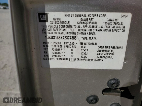 2004 GMC Envoy SLE with VIN 1GKDS13SX42374385, listed as a Copart auction lot 50150065 with 0 mi miles and Salvage Title. Bid and sale history available at carsss.com. Image 16.