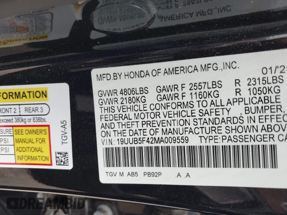 2021 Acura TLX Technology with VIN 19UUB5F42MA009559, listed as a IAAI auction lot 42245295 with 59,902 mi miles and . Bid and sale history available at DreamBid. Image 9.