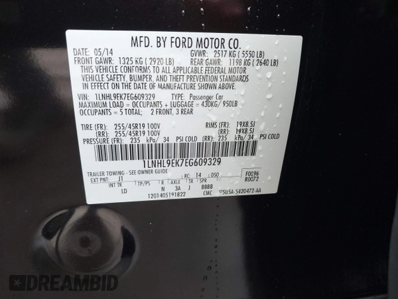 2014 Lincoln MKS with VIN 1LNHL9EK7EG609329, listed as a IAAI auction lot 41555819 with 89,849 mi miles. Bid and sale history available at carsss.com. Image 9.