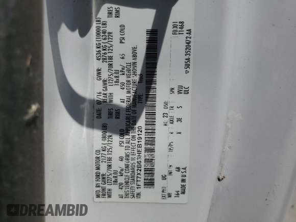 2017 Ford F-250 XLT with VIN 1FT7X2B63HEB19120, listed as a Copart auction lot 62352925 with Not provided miles and Salvage title. Bid and sale history available at DreamBid. Image 12.