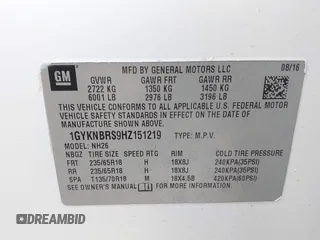 2017 Cadillac XT5 Luxury FWD with VIN 1GYKNBRS9HZ151219, listed as a IAAI auction lot 42200935 with 86,069 mi miles and . Bid and sale history available at DreamBid. Image 9.