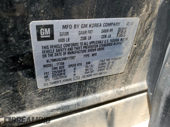 2022 Chevrolet TrailBlazer RS with VIN KL79MUSL5NB117897, listed as a Copart auction lot 51326855 with 42,125 mi miles and Salvage Title. Bid and sale history available at DreamBid. Image 14.
