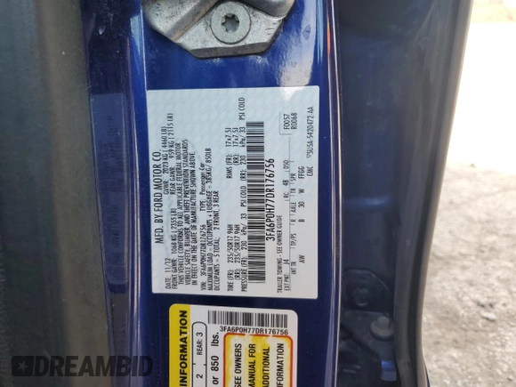 2013 Ford Fusion SE with VIN 3FA6P0H77DR176756, listed as a Copart auction lot 47259925 with 64,596 mi miles and Salvage Title. Bid and sale history available at carsss.com. Image 13.