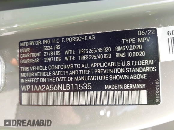 2022 Porsche Macan with VIN WP1AA2A56NLB11535, listed as a IAAI auction lot 42264356 with 11 mi miles and . Bid and sale history available at DreamBid. Image 9.