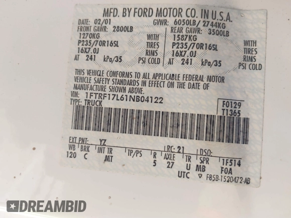 2001 Ford F-150 XL z VIN 1FTRF17L61NB04122, wystawiony jako IAAI lot #38304103 z przebiegiem 186 816 mil mil oraz . Historia ofert i sprzedaży dostępna na DreamBid. Obrazek 9.
